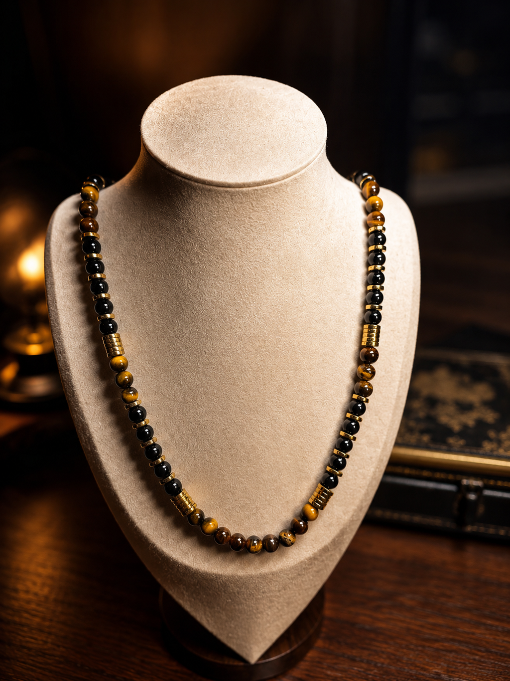 Men’s Tiger Eye & Black Onyx Beaded Necklace 26 Inch Slip On Natural Stone Gold Spacer Necklace Gift for Him