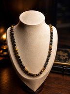 Men’s Tiger Eye & Black Onyx Beaded Necklace 26 Inch Slip On Natural Stone Gold Spacer Necklace Gift for Him