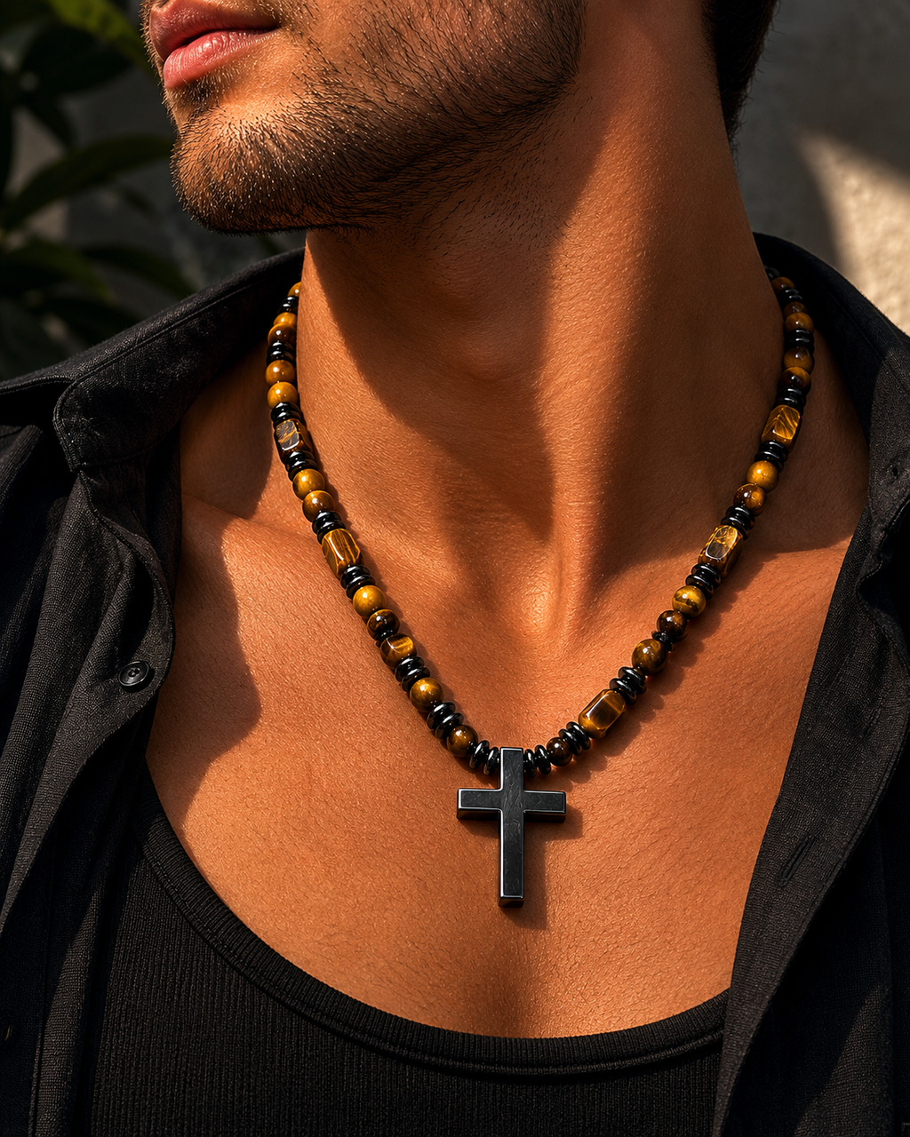 Tiger Eye Cross Necklace Mens Christian Gemstone Beaded Necklace 26 Inch