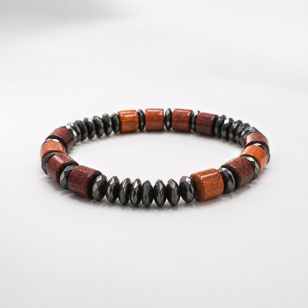 Handmade Wooden & Hematite Bracelet | 8 mm Beads | 19 cm Stretch Bracelet | Custom Size Available | Men’s & Women’s Bracelet