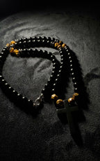 8mm Black Onyx Cross Necklace Men’s Beaded Tiger Eye Clasp Chain Gift