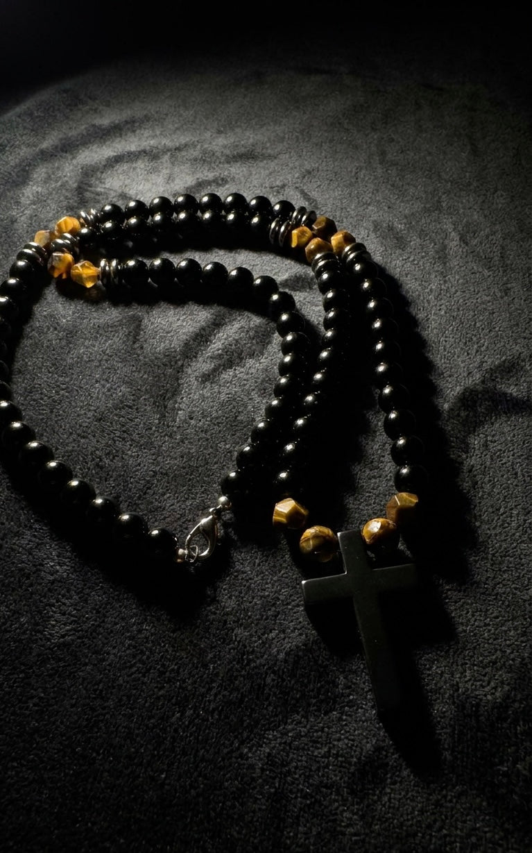 8mm Black Onyx Cross Necklace Men’s Beaded Tiger Eye Clasp Chain Gift