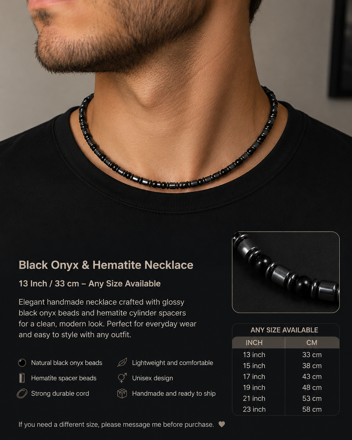 Black Onyx & Hematite Necklace –26 Inch /Any Size Available