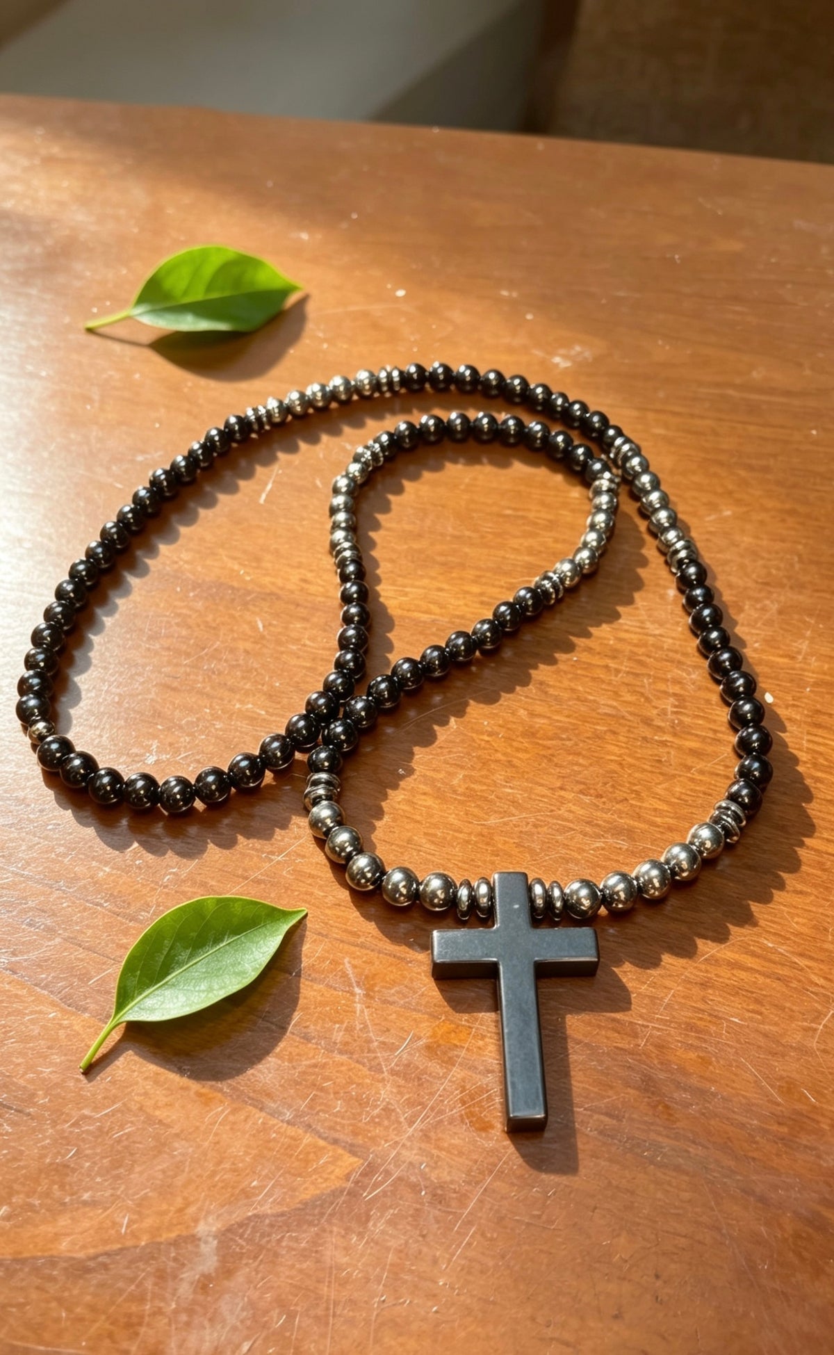 26 Inch Black Cross Necklace for Men – Long Slip On Beaded Necklace – Hematite & Black Stone Minimalist Jewelry