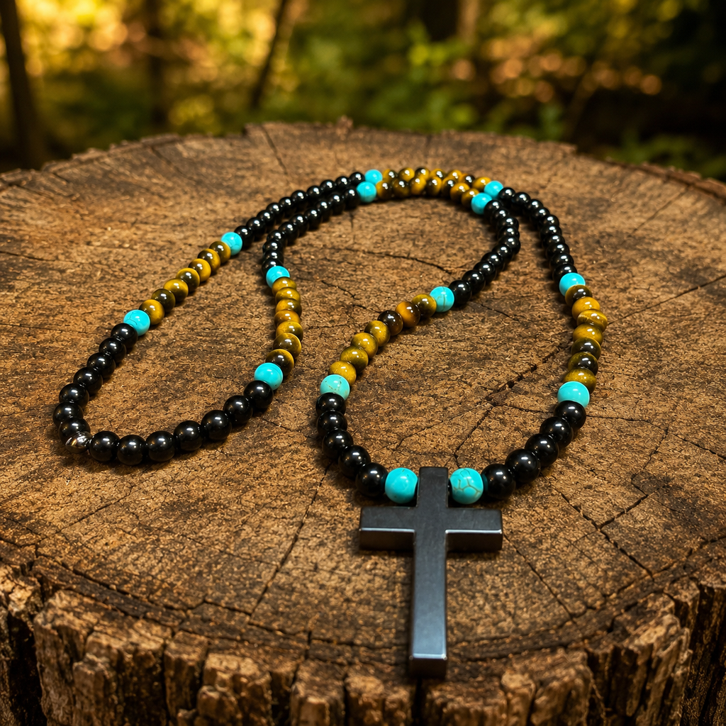 Men’s Tiger Eye, Onyx & Turquoise Cross Necklace | Handmade Natural Stone Beaded Necklace | 26 Inch