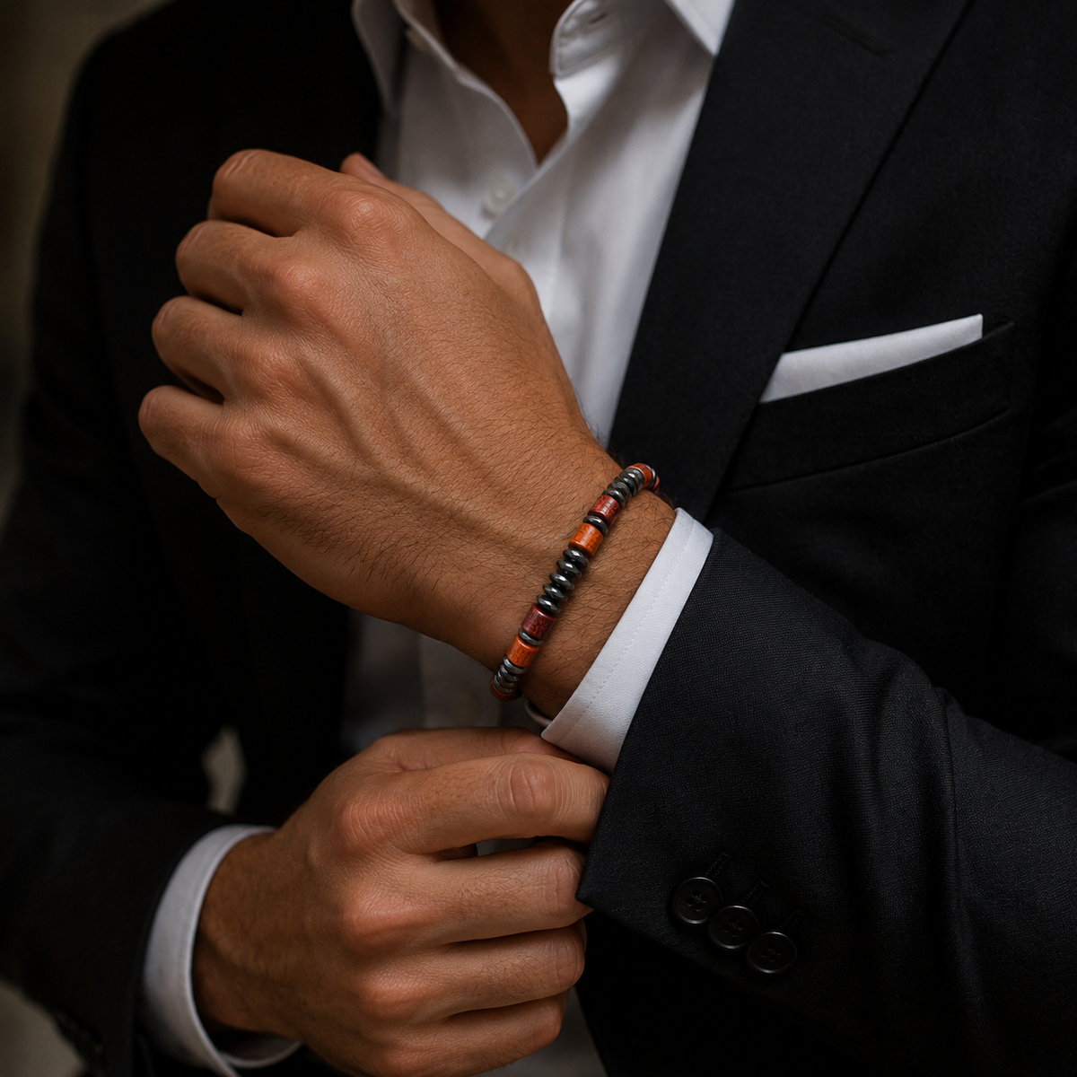 Handmade Wooden & Hematite Bracelet | 8 mm Beads | 19 cm Stretch Bracelet | Custom Size Available | Men’s & Women’s Bracelet