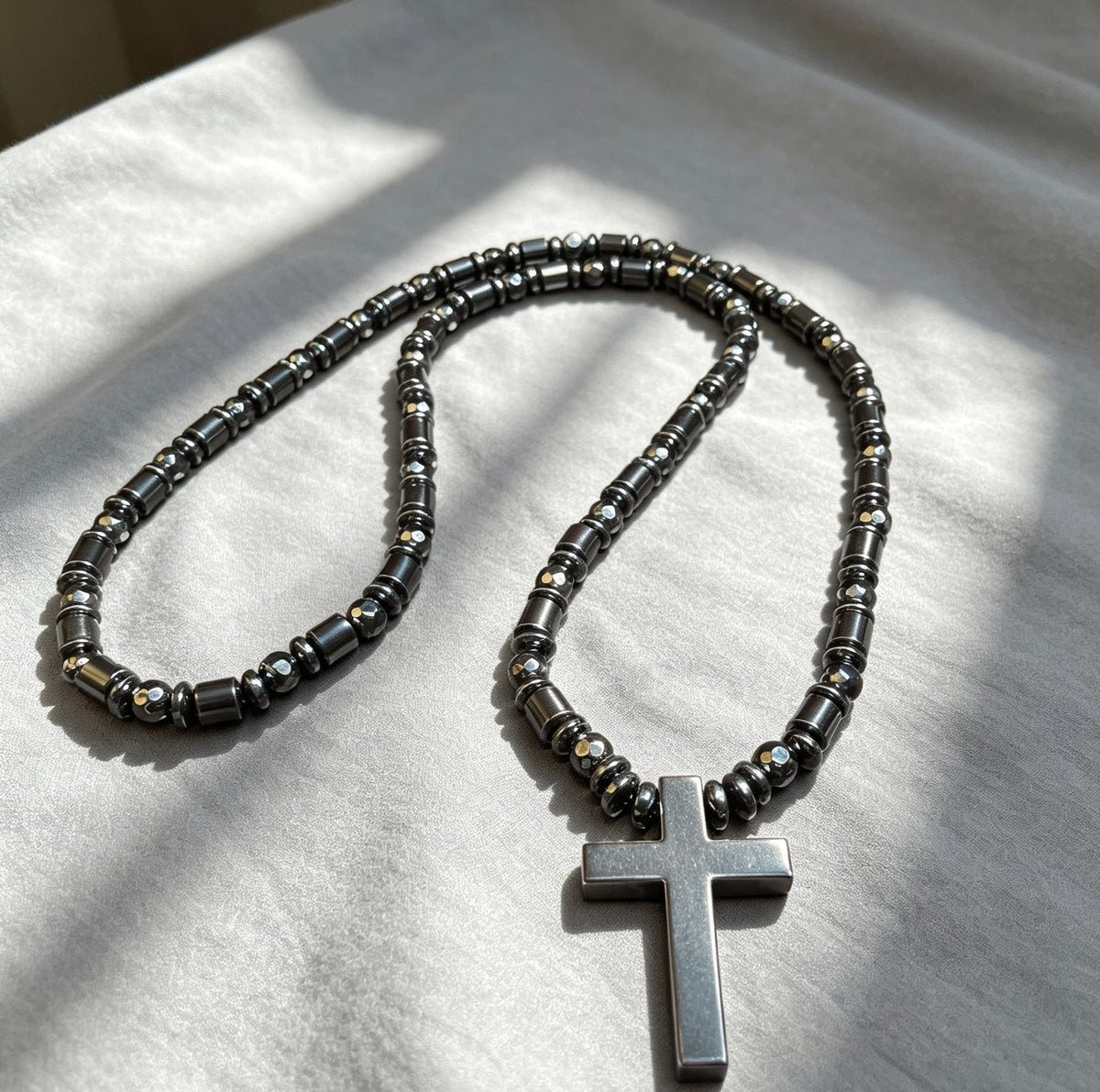 Black Hematite Cross Necklace – 26” Slip-On | 6 mm Natural Hematite Beads