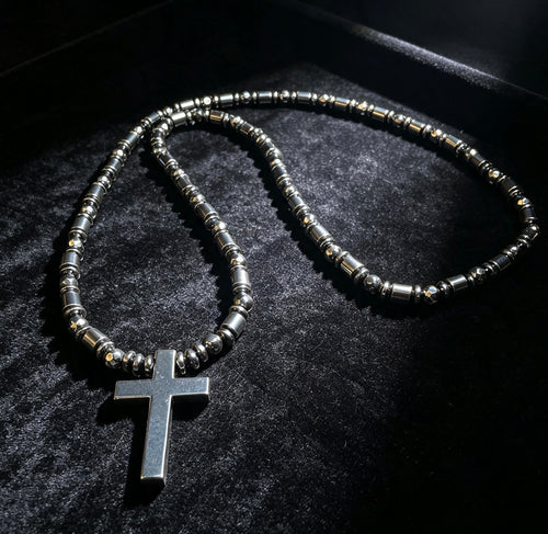 Black Hematite Cross Necklace – 26” Slip-On | 6 mm Natural Hematite Beads
