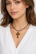 Tiger Eye Cross Pendant Necklace – Black Cord – 50.2 cm