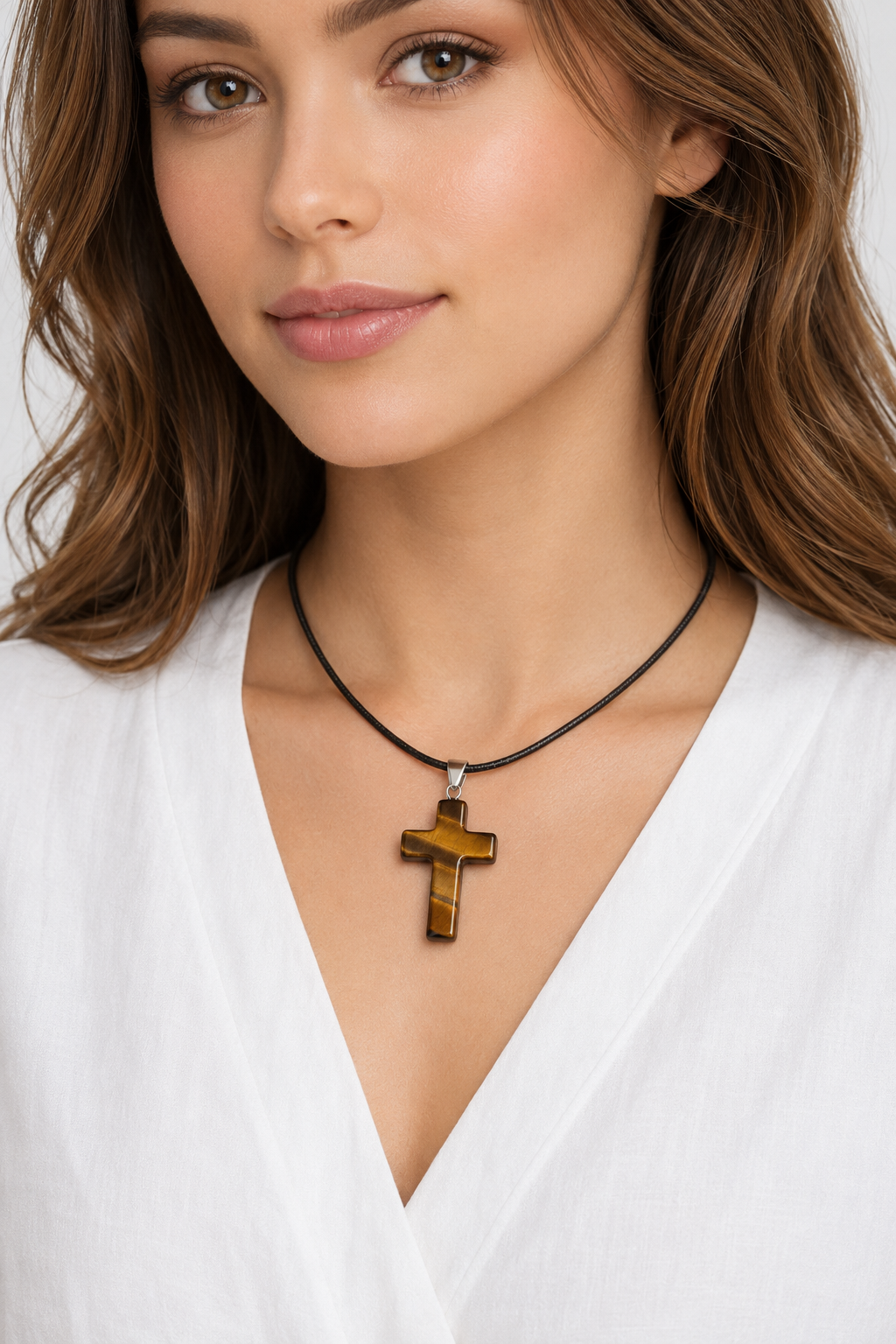 Tiger Eye Cross Pendant Necklace – Black Cord – 50.2 cm