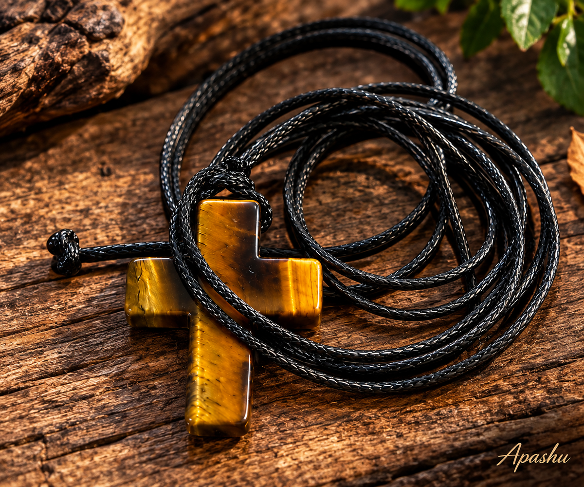 Natural Tiger Eye Cross Necklace for Men – 70cm Black Braided Cord, Christian Stone Pendant
