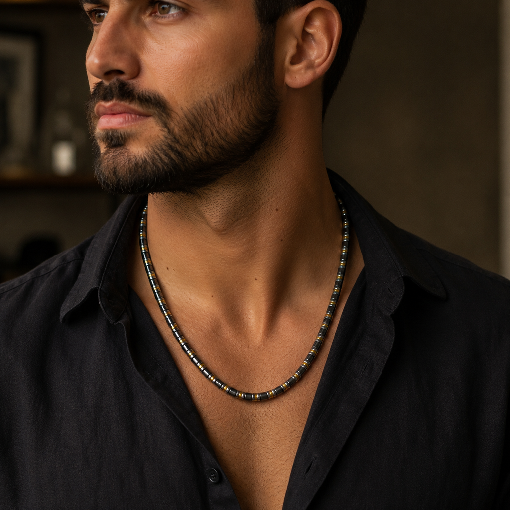 Luxury Black & Gold Hematite Beaded Necklace – 26 Inches (66 cm) – 6 mm Beads – Slip-On – Handmade – Any Size Available