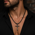 Men’s Black Onyx & Hematite Cross Necklace – 6mm Beads – Stainless Steel Cross – Custom Length