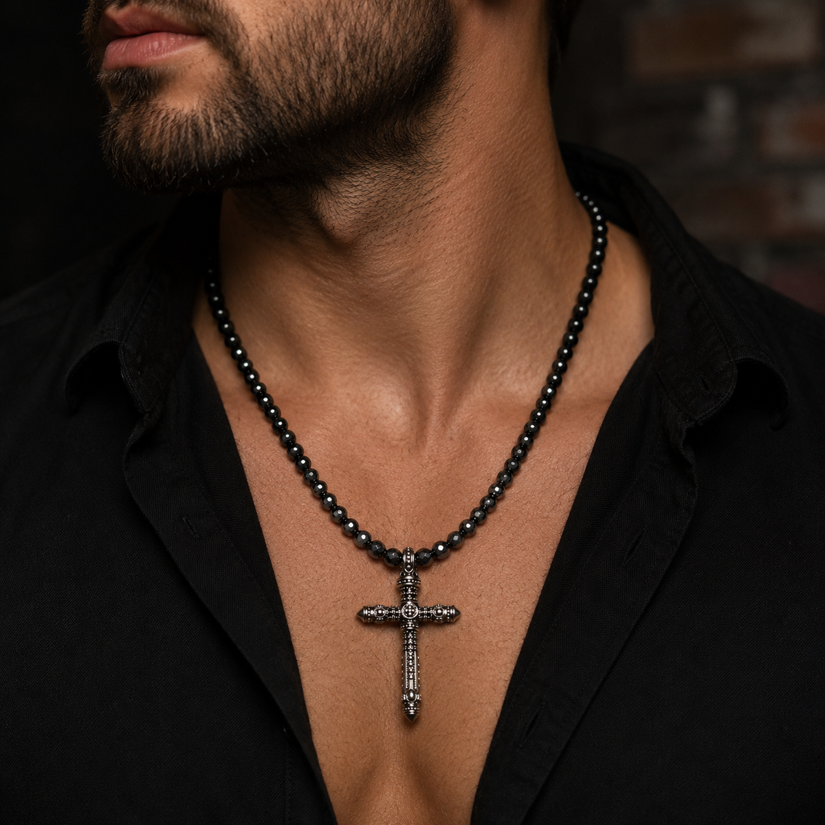 Men’s Black Onyx & Hematite Cross Necklace – 6mm Beads – Stainless Steel Cross – Custom Length