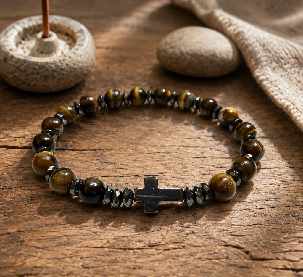 Natural Tiger Eye & Hematite Cross Bracelet – Handmade Luxury Stone Bracelet | Custom Size