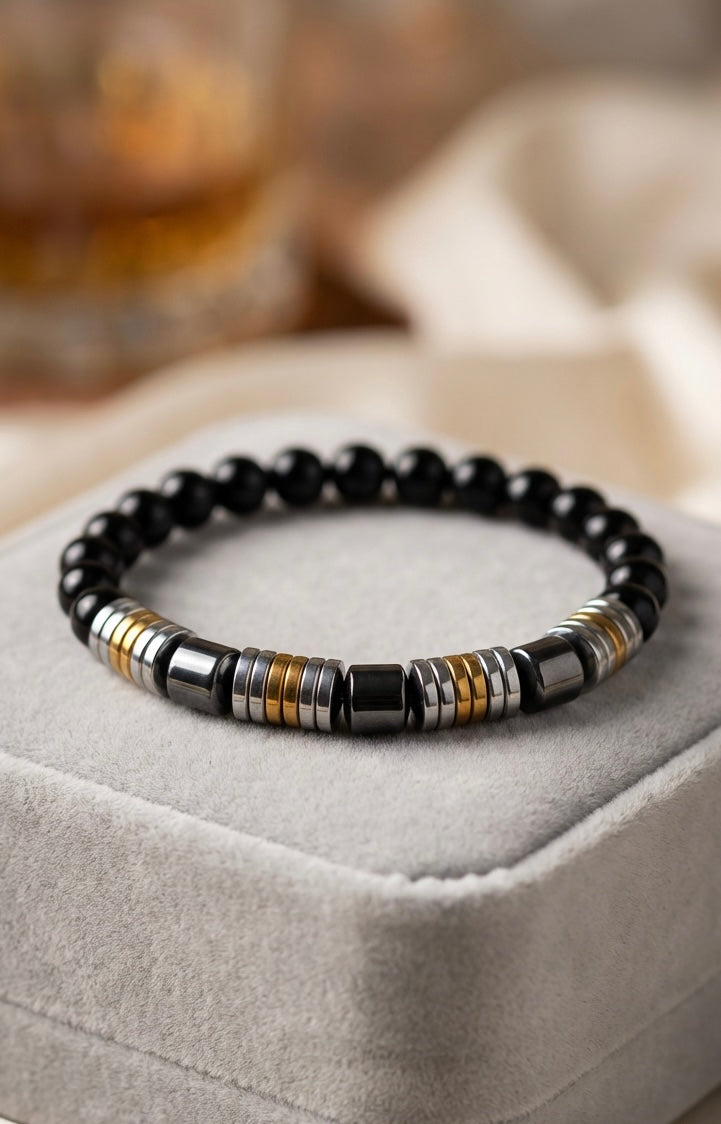 Men’s Black Stone & Hematite Bracelet – 19 cm