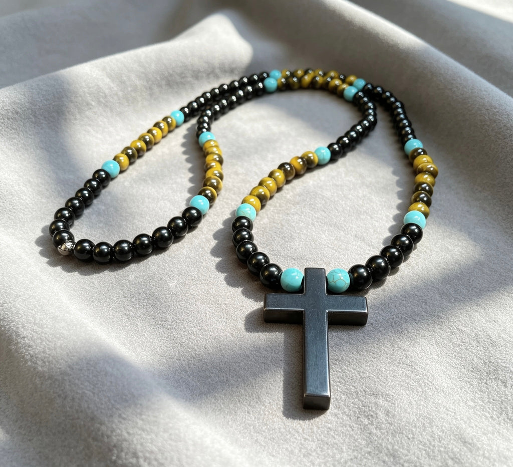 Men’s Tiger Eye, Onyx & Turquoise Cross Necklace | Handmade Natural Stone Beaded Necklace | 26 Inch