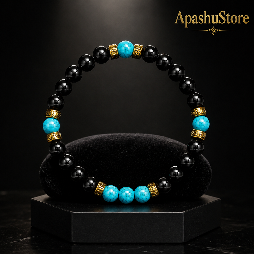 Handmade Black Onyx & Turquoise Bracelet, 8mm Gemstone Beaded Bracelet, Unisex Jewelry, Stretch Bracelet, Custom Size Gift for Men & Women