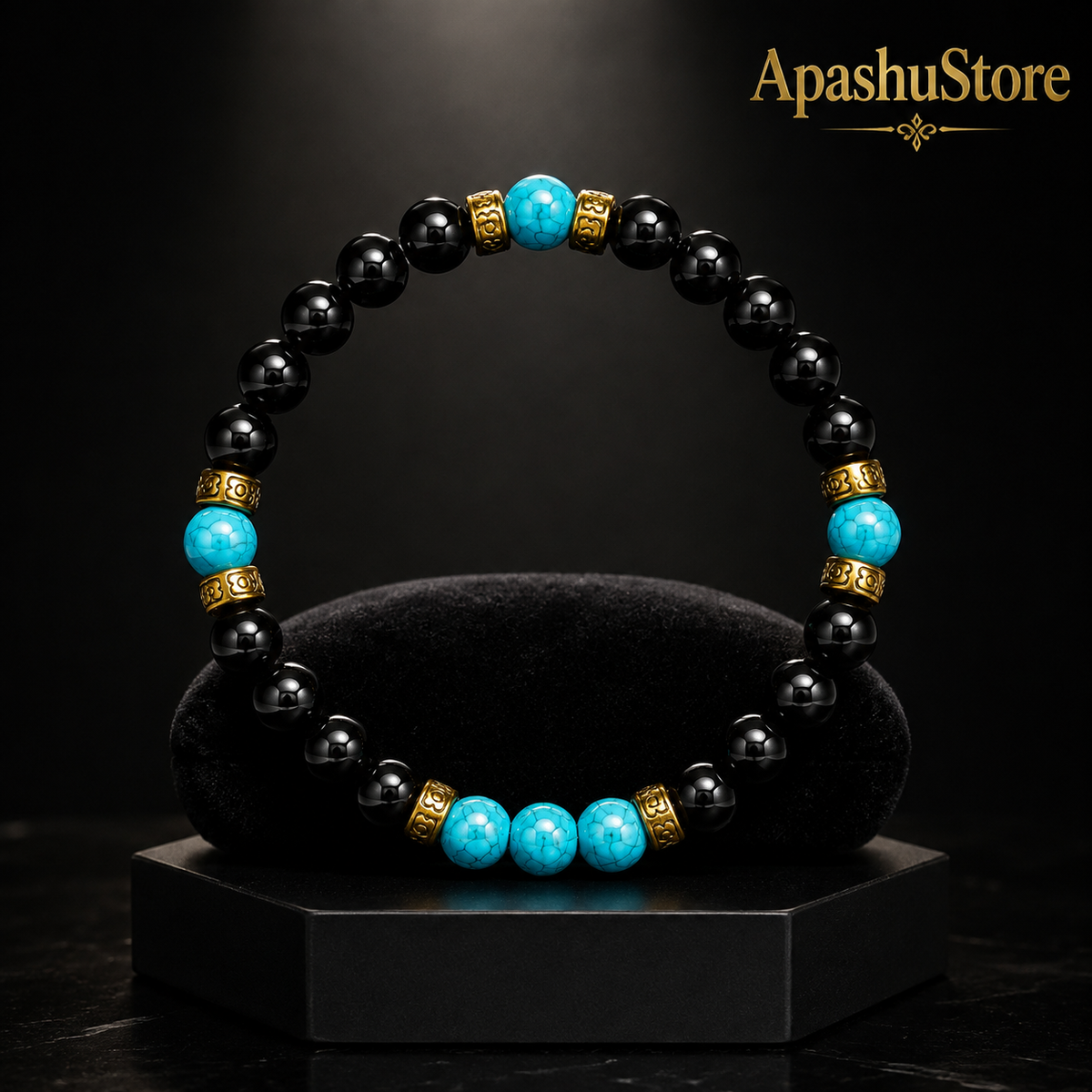 Handmade Black Onyx & Turquoise Bracelet, 8mm Gemstone Beaded Bracelet, Unisex Jewelry, Stretch Bracelet, Custom Size Gift for Men & Women