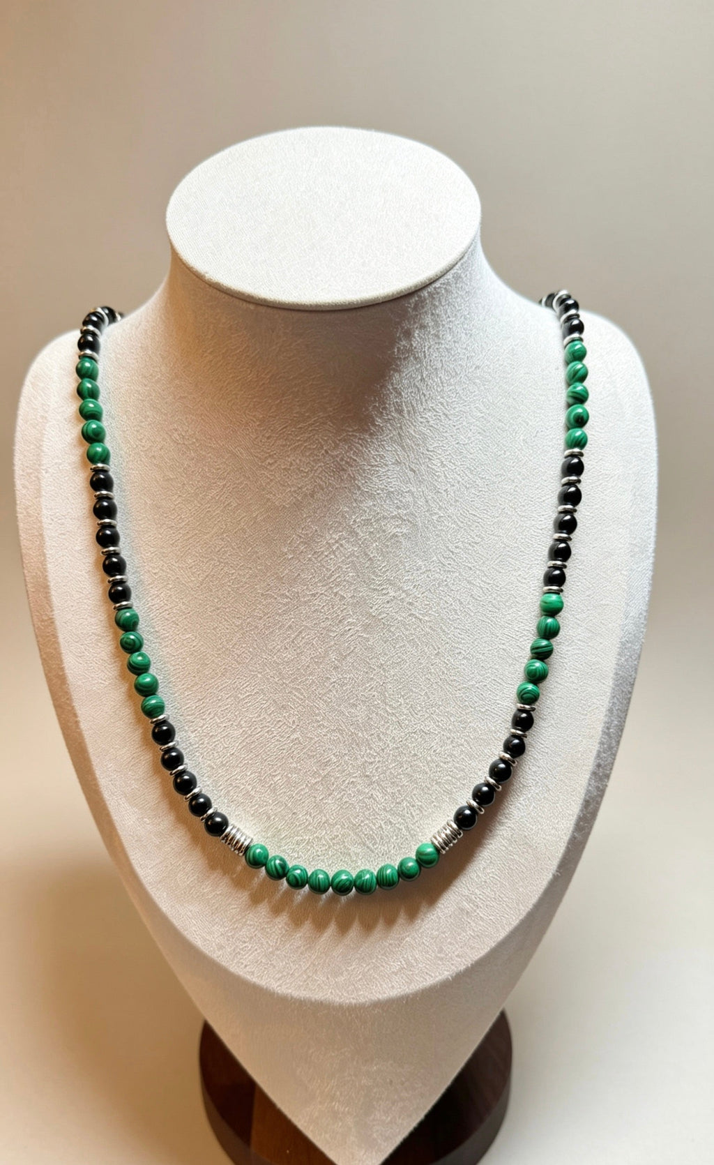 Green Malachite & Black Onyx Beaded Necklace 62 cm • 6 mm Beads • Silver Clasp • Any Size