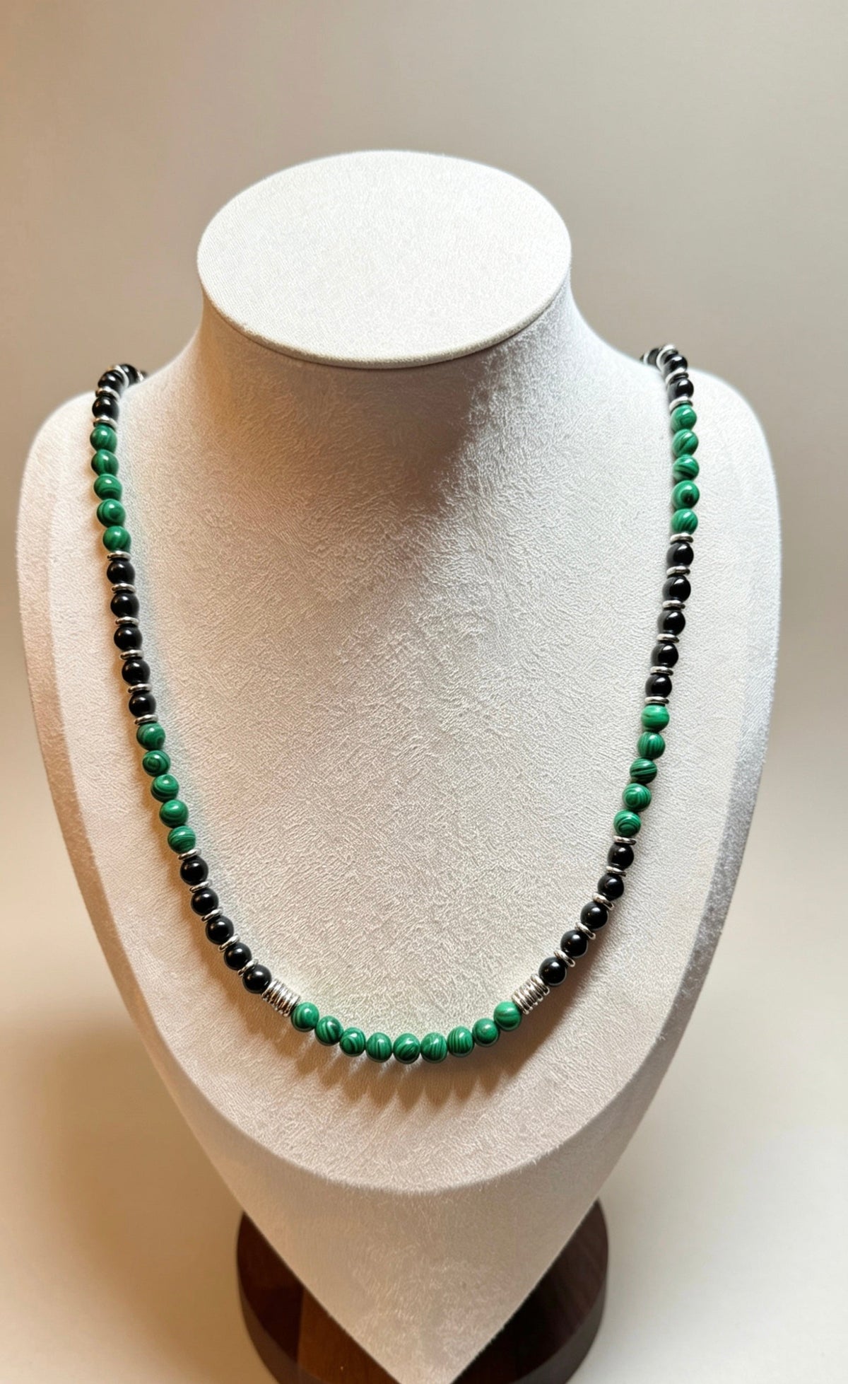 Green Malachite & Black Onyx Beaded Necklace 62 cm • 6 mm Beads • Silver Clasp • Any Size