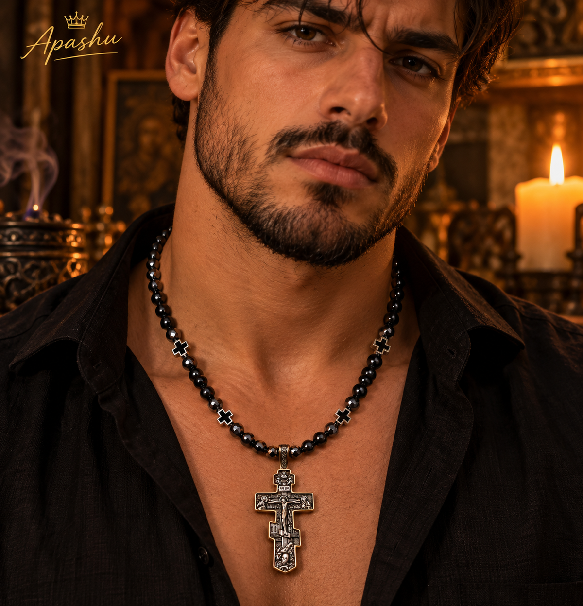Men's Orthodox Cross Necklace – Natural Black Onyx & Hematite | Stainless Steel Crucifix | 26 Inch