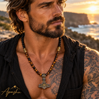 Men's Black Onyx & Tiger Eye Thor's Hammer Necklace – Viking Mjölnir Pendant | Handmade Natural Stone Jewellery