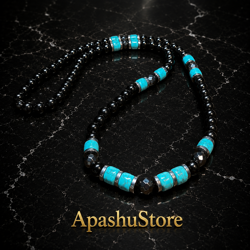 Men’s Onyx & Turquoise Beaded Necklace – 26” (66 cm) | 8 mm Handmade Necklace