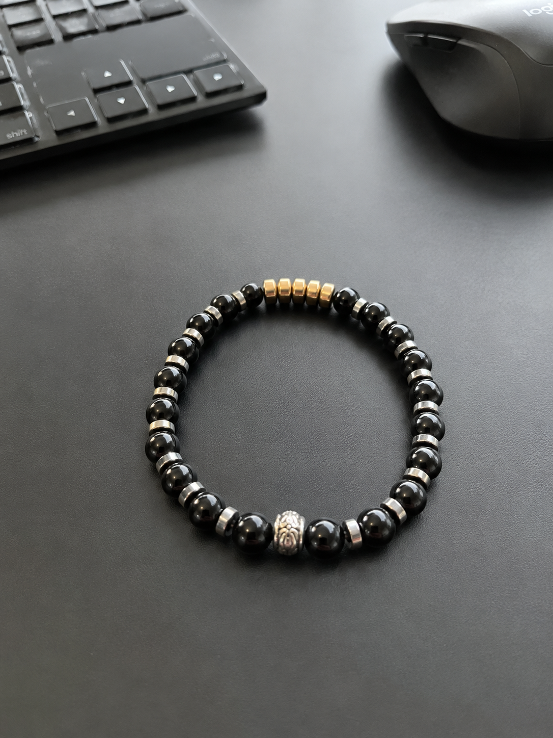 Black Onyx & Hematite Bracelet Silver Spacer Beaded Unisex 19cm Any Size
