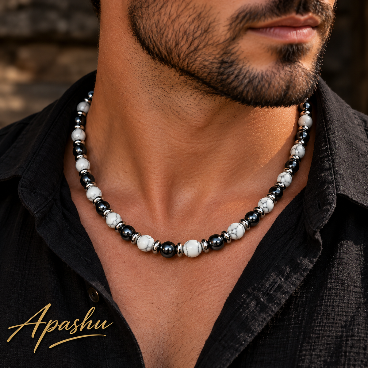 Men’s Howlite & Hematite Beaded Necklace – 8mm Natural Stone – 26 Inch