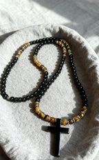 Black Onyx & Tiger Eye Cross Necklace for Men | Slip On Beaded Necklace | Natural Stone Christian Necklace | Masculine Jewelry