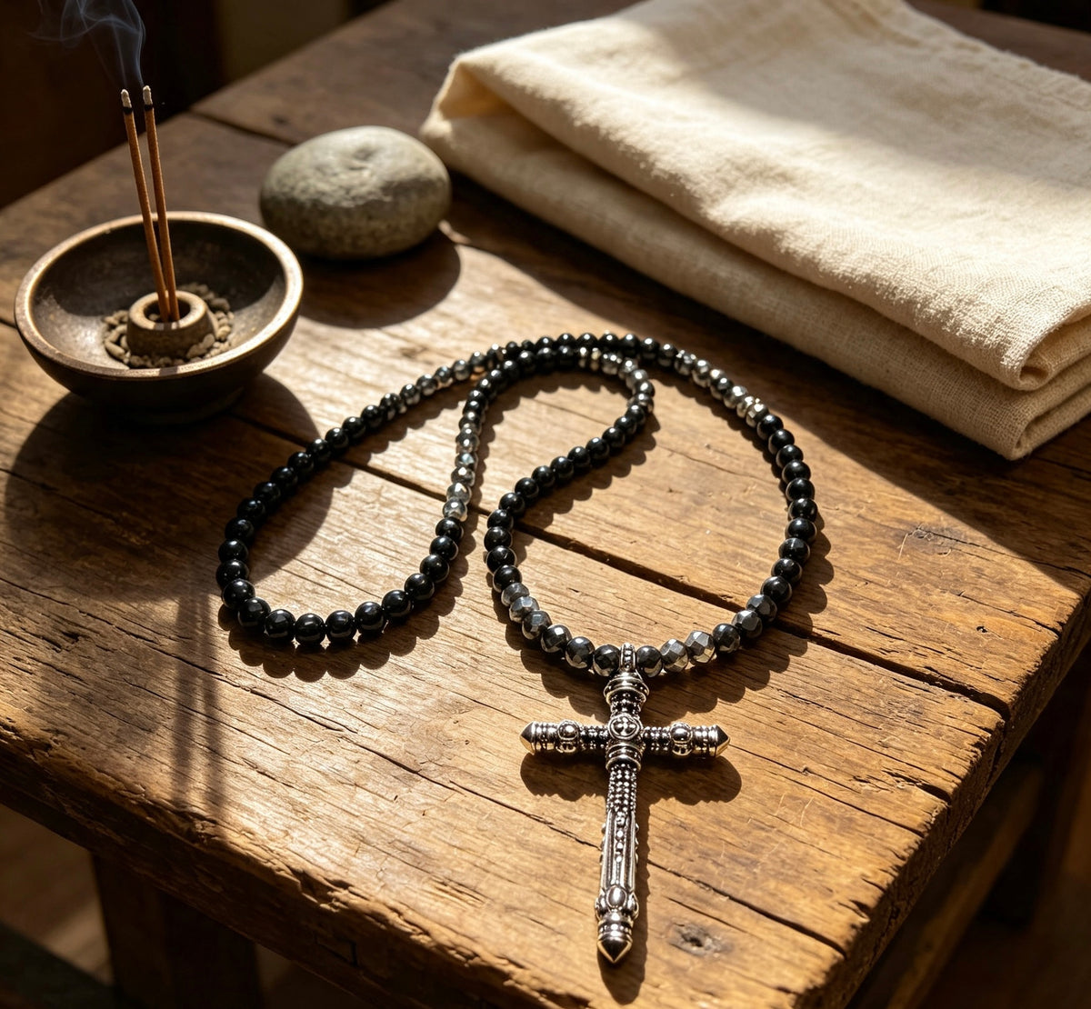 Men’s Black Onyx & Hematite Cross Necklace – 6mm Beads – Stainless Steel Cross – Custom Length
