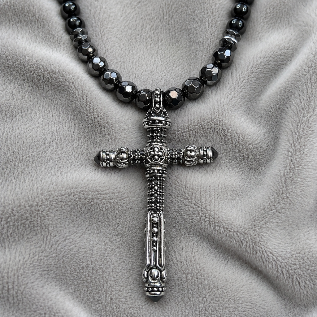 Men’s Black Onyx & Hematite Cross Necklace – 6mm Beads – Stainless Steel Cross – Custom Length