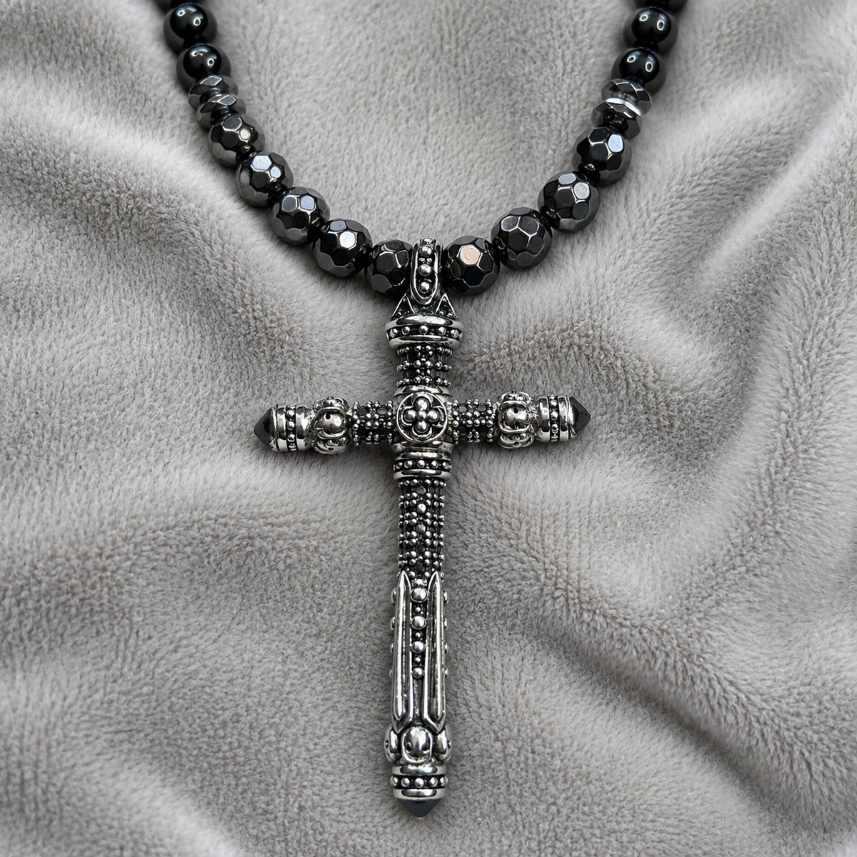 Men’s Black Onyx & Hematite Cross Necklace – 6mm Beads – Stainless Steel Cross – Custom Length