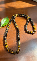 Men’s Tiger Eye & Black Onyx Beaded Necklace 26 Inch Slip On Natural Stone Gold Spacer Necklace Gift for Him