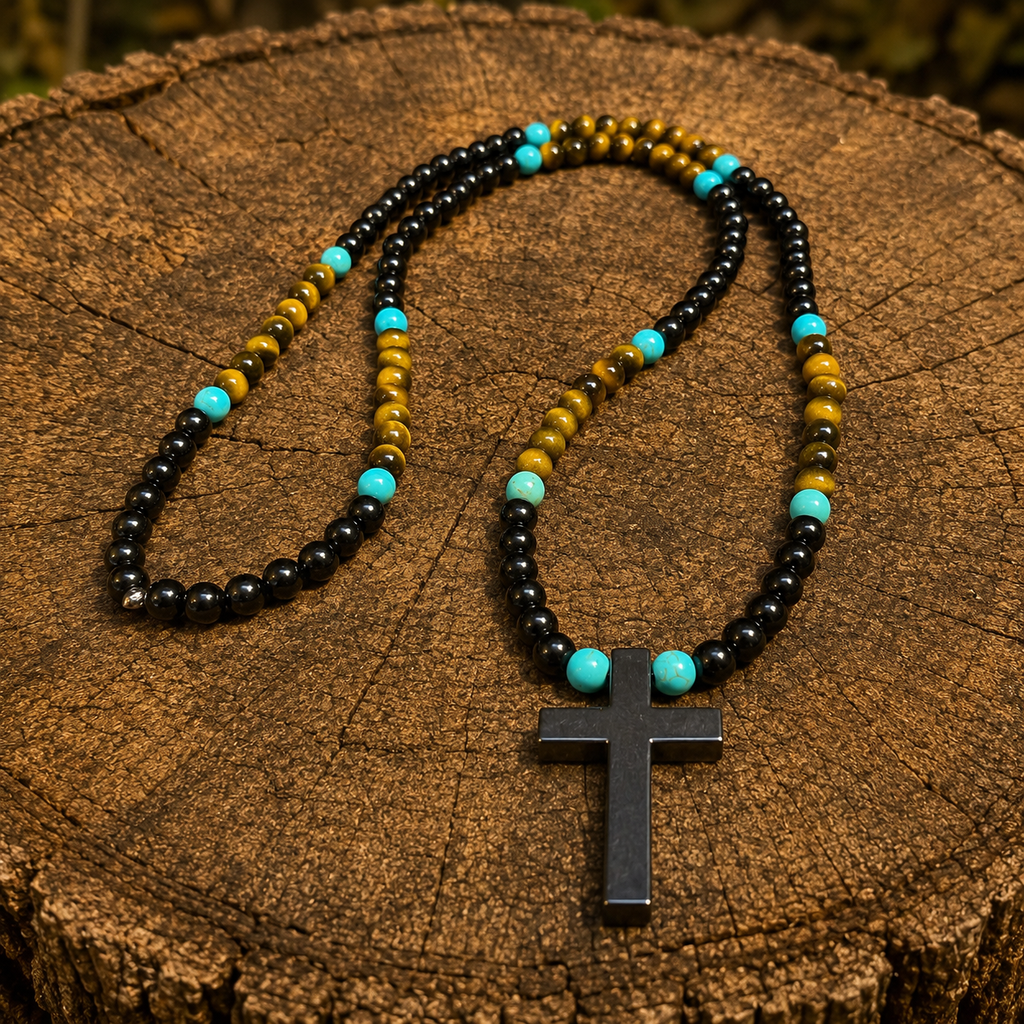 Men’s Tiger Eye, Onyx & Turquoise Cross Necklace | Handmade Natural Stone Beaded Necklace | 26 Inch
