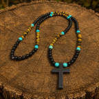 Men’s Tiger Eye, Onyx & Turquoise Cross Necklace | Handmade Natural Stone Beaded Necklace | 26 Inch