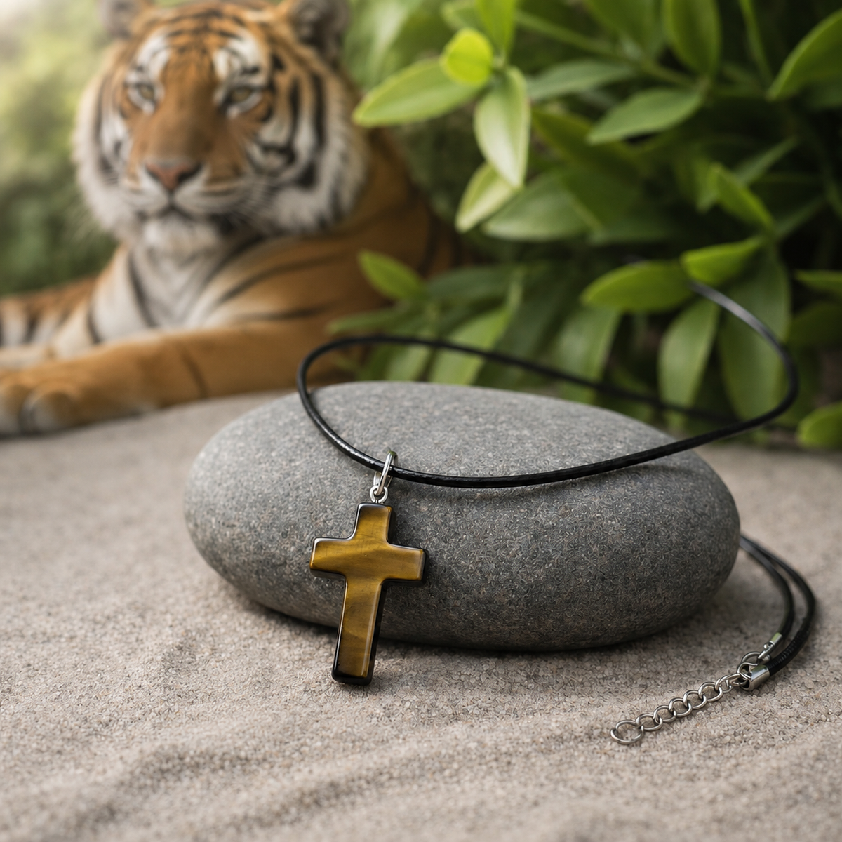 Tiger Eye Cross Pendant Necklace – Black Cord – 50.2 cm