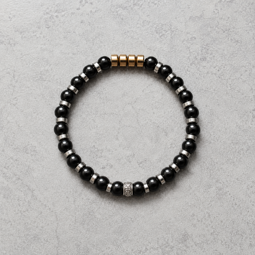 Black Onyx & Hematite Bracelet Silver Spacer Beaded Unisex 19cm Any Size