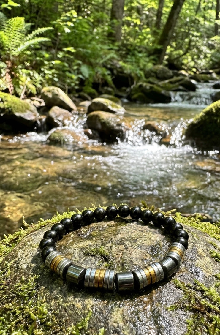 Men’s Black Stone & Hematite Bracelet – 19 cm