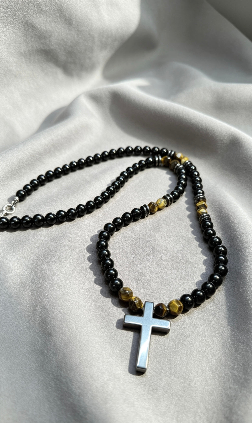 8mm Black Onyx Cross Necklace Men’s Beaded Tiger Eye Clasp Chain Gift