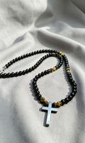 8mm Black Onyx Cross Necklace Men’s Beaded Tiger Eye Clasp Chain Gift