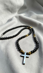 8mm Black Onyx Cross Necklace Men’s Beaded Tiger Eye Clasp Chain Gift
