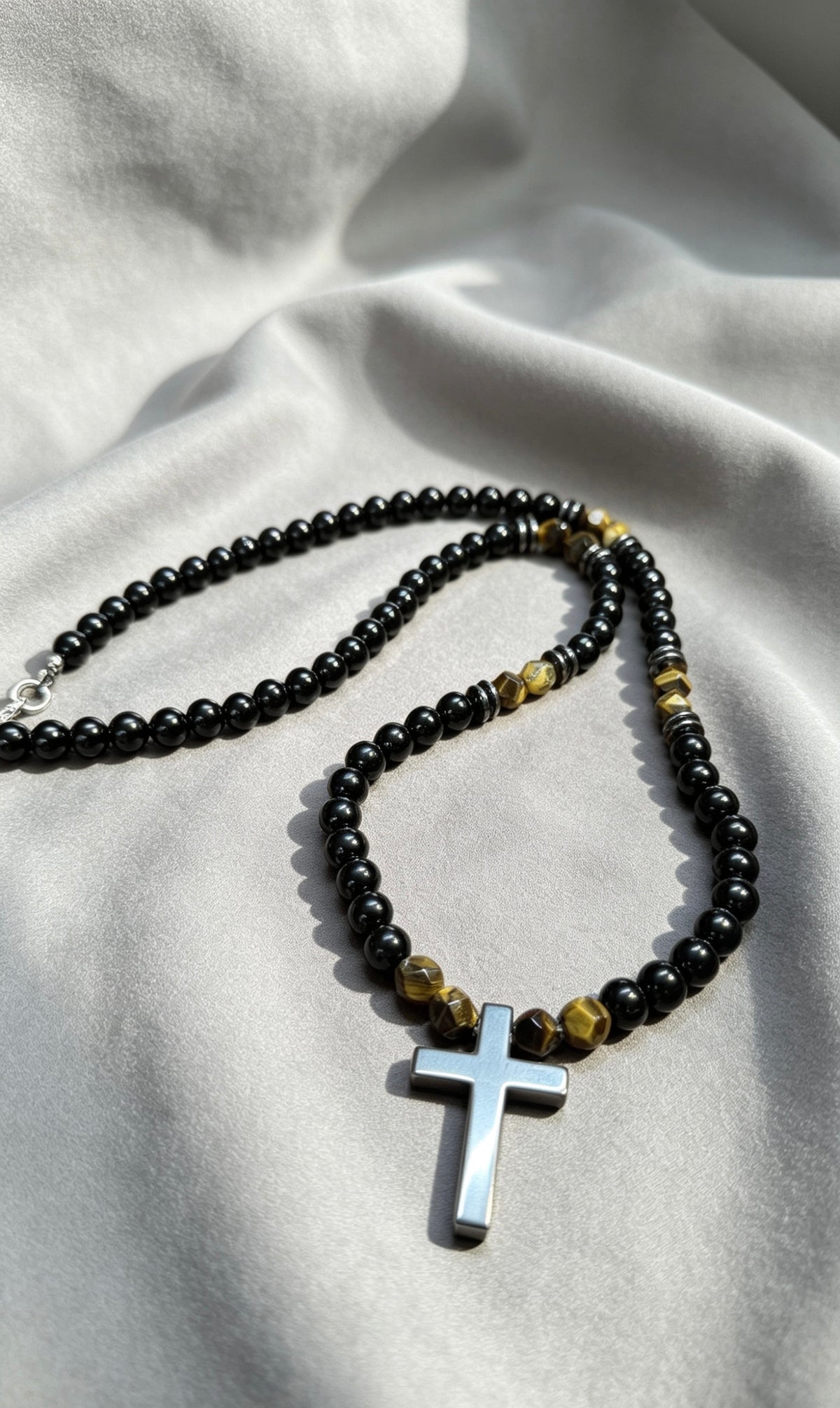 8mm Black Onyx Cross Necklace Men’s Beaded Tiger Eye Clasp Chain Gift