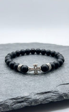 Black Onyx Cross Bracelet – Any Size – Matte Beads – Men Women Gift
