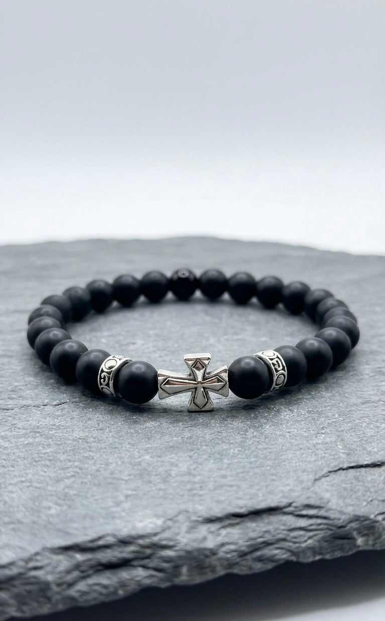 Black Onyx Cross Bracelet – Any Size – Matte Beads – Men Women Gift