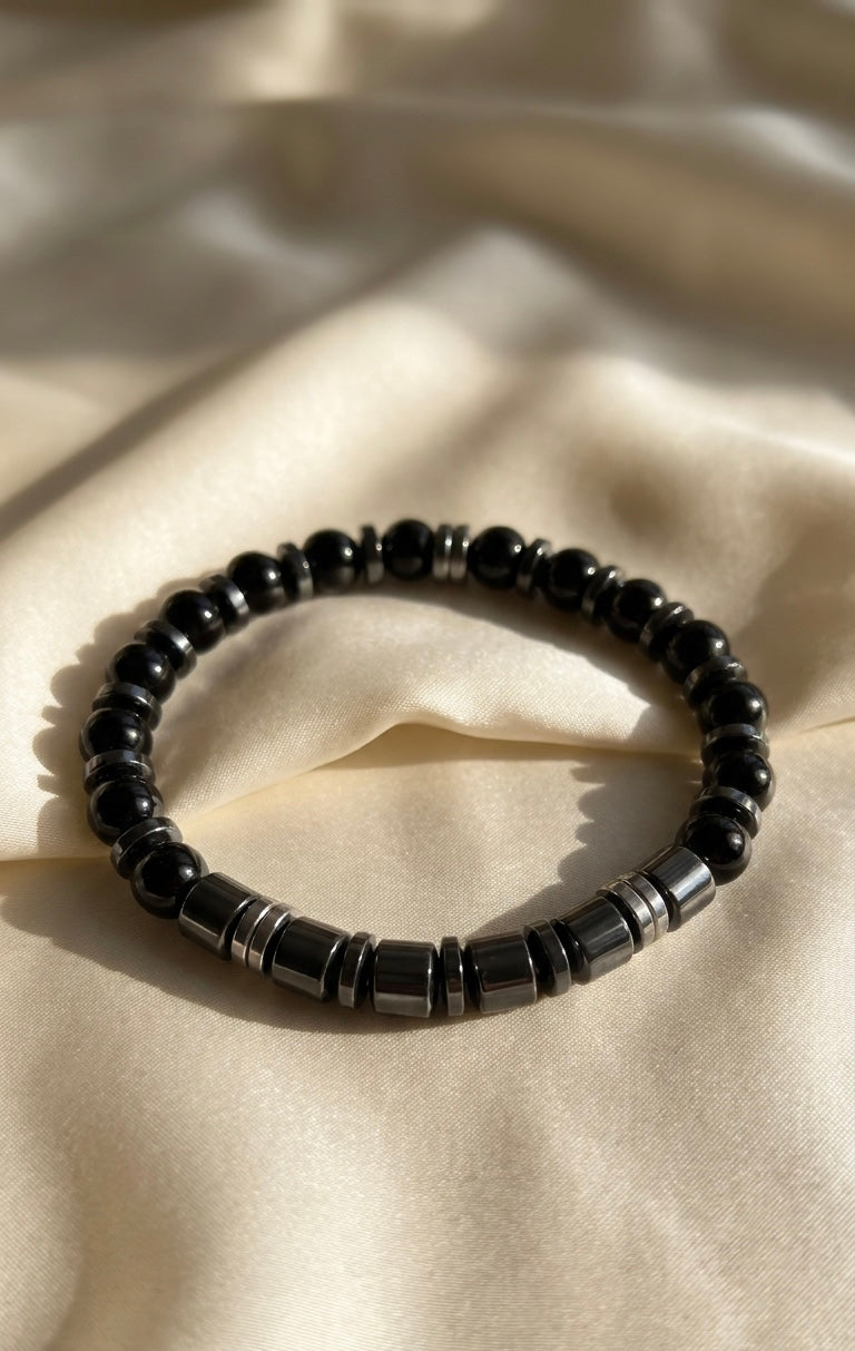 Men’s Black Onyx & Hematite Bracelet – 19 cm – Natural Stone Bracelet – Any Size Available