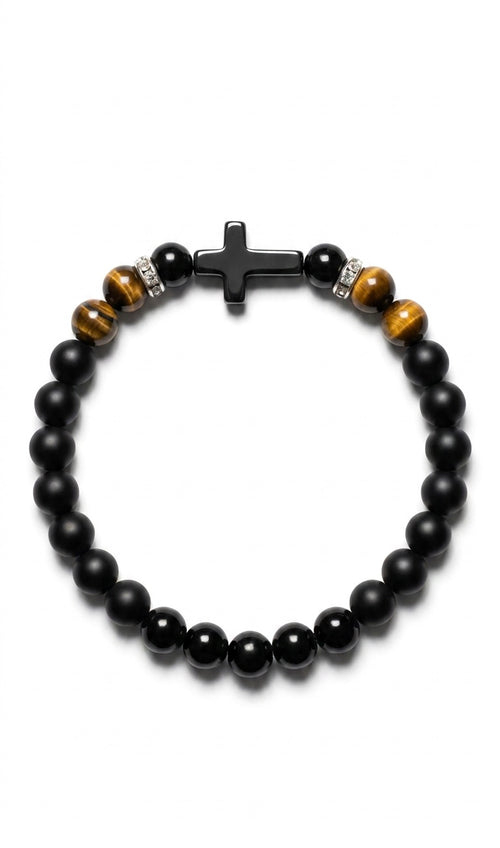 Black Onyx & Tiger Eye Cross Bracelet – Any Size – 19 cm Default – Men Women Gift