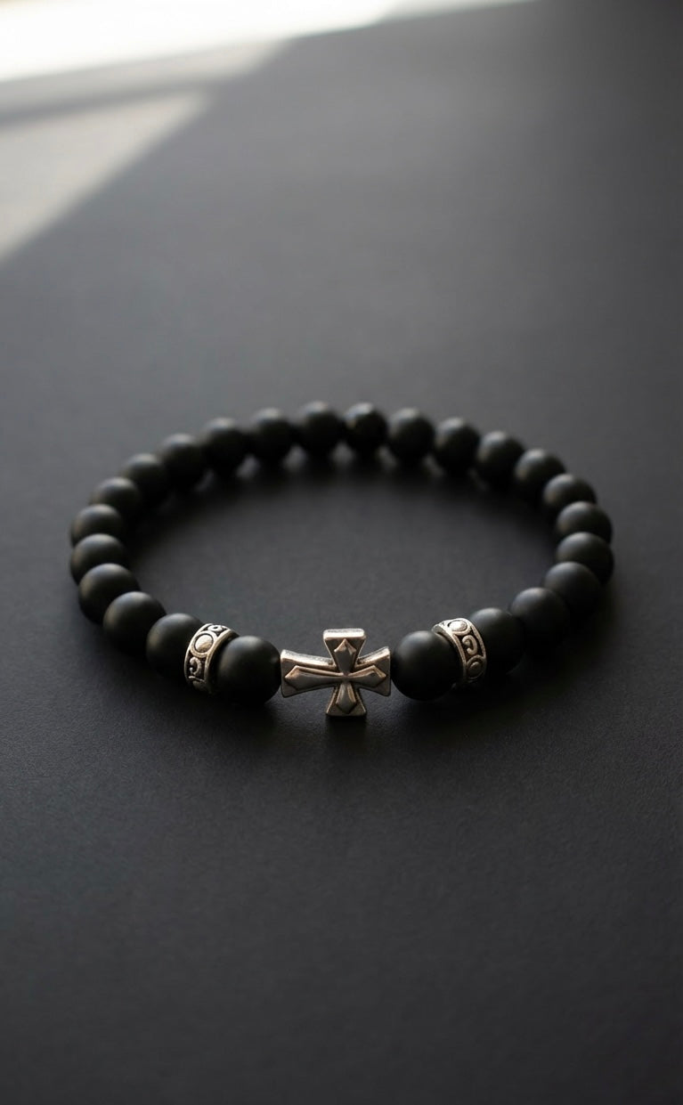 Black Onyx Cross Bracelet – Any Size – Matte Beads – Men Women Gift