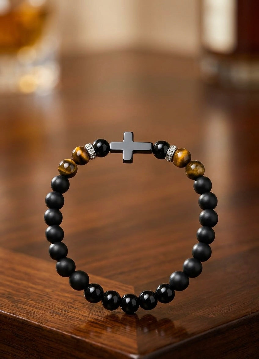 Black Onyx & Tiger Eye Cross Bracelet – Any Size – 19 cm Default – Men Women Gift